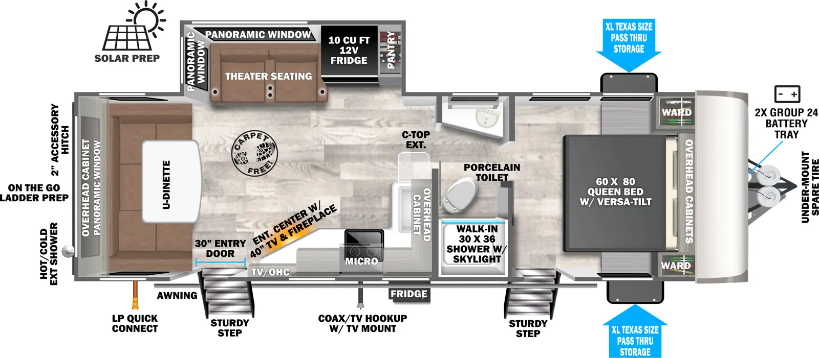 The Heritage Glen Travel Trailers 24RDHL - DSO floorplan has two entries and one slide out. Exterior features include: fiberglass exterior and 19' awning. Interiors features include: u-dinette, front bedroom and pass through bathroom.